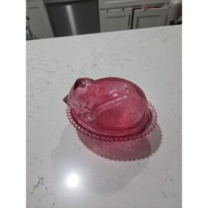 RARE Vintage 2pc Indiana Glass Cranberry Pink/Red SLEEPING KITTEN CAT ON NEST